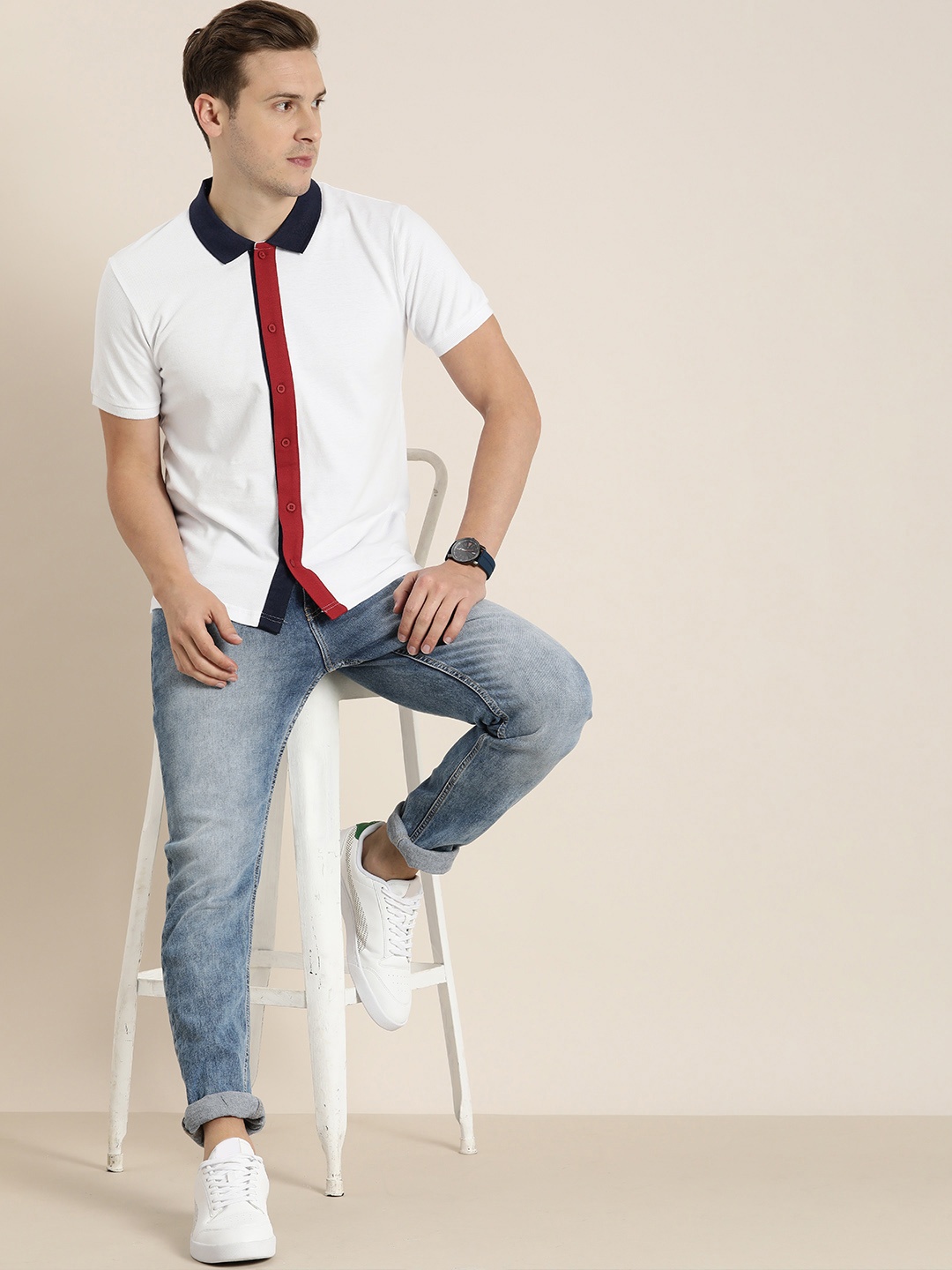 

Moda Rapido Men White & Maroon Colourblocked Polo Collar Pure Cotton T-shirt