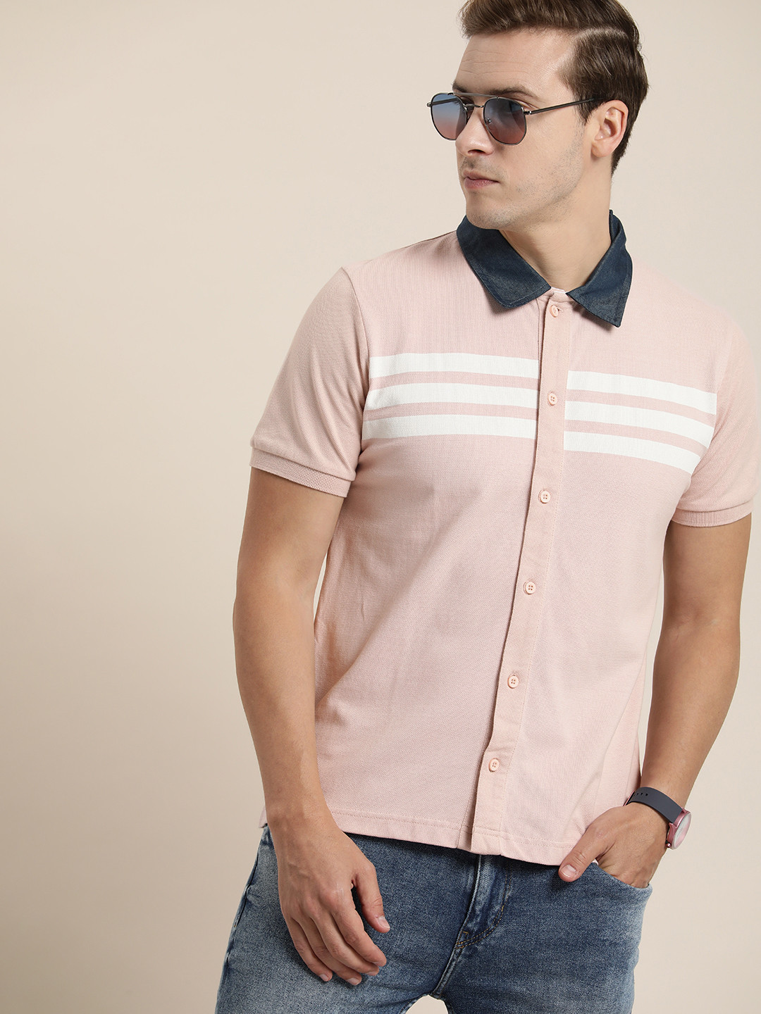 

Moda Rapido Men Striped Polo Collar Pure Cotton T-shirt, Pink