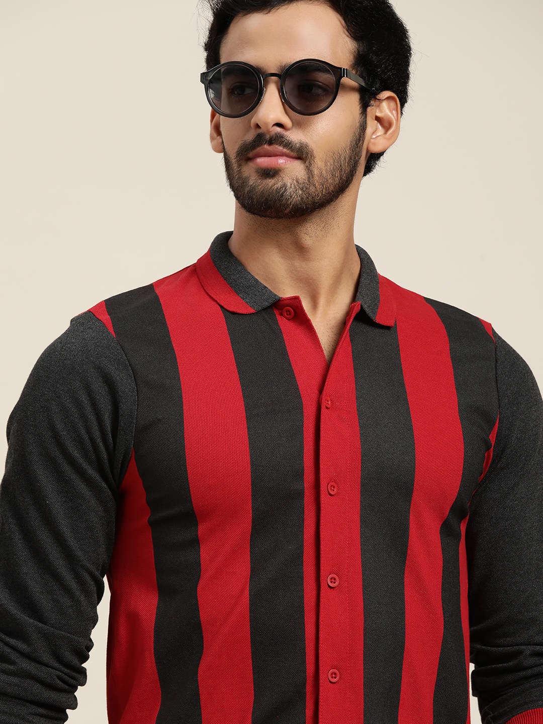 

Moda Rapido Men Red & Black Striped Polo Collar Pure Cotton T-shirt