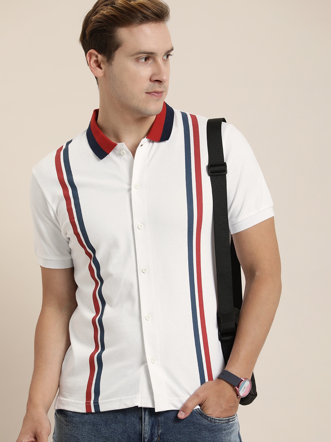 

Moda Rapido Men Striped Polo Collar Pure Cotton T-shirt, White