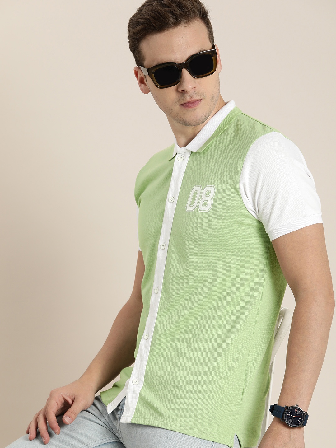 

Moda Rapido Men Green & White Colourblocked Polo Collar Pure Cotton T-shirt