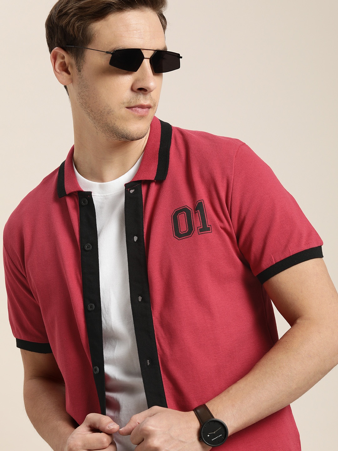 

Moda Rapido Men Rose Brand Logo Printed Polo Collar Pure Cotton T-shirt