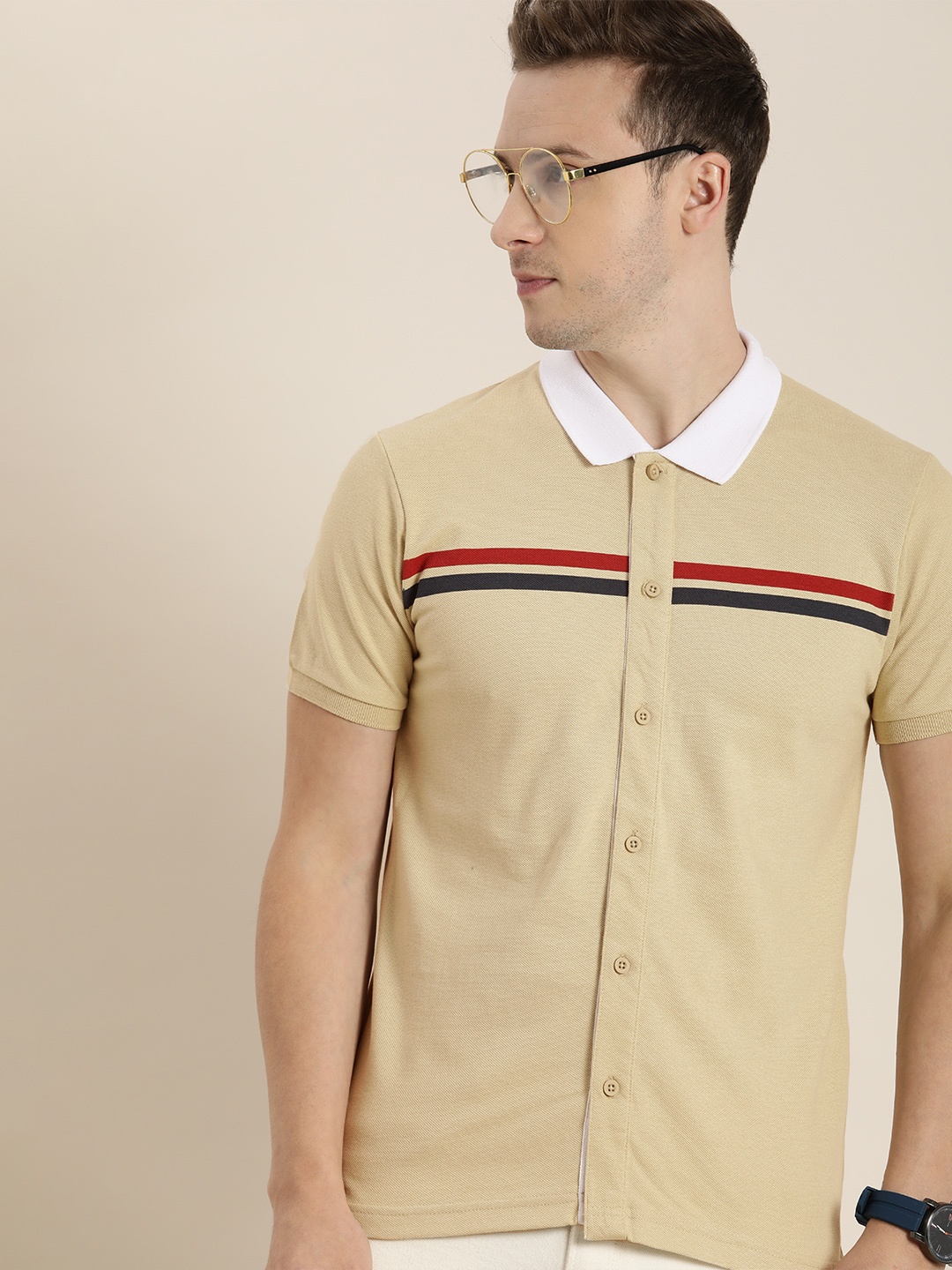 

Moda Rapido Men Beige & Blue Striped Polo Collar Pure Cotton T-shirt