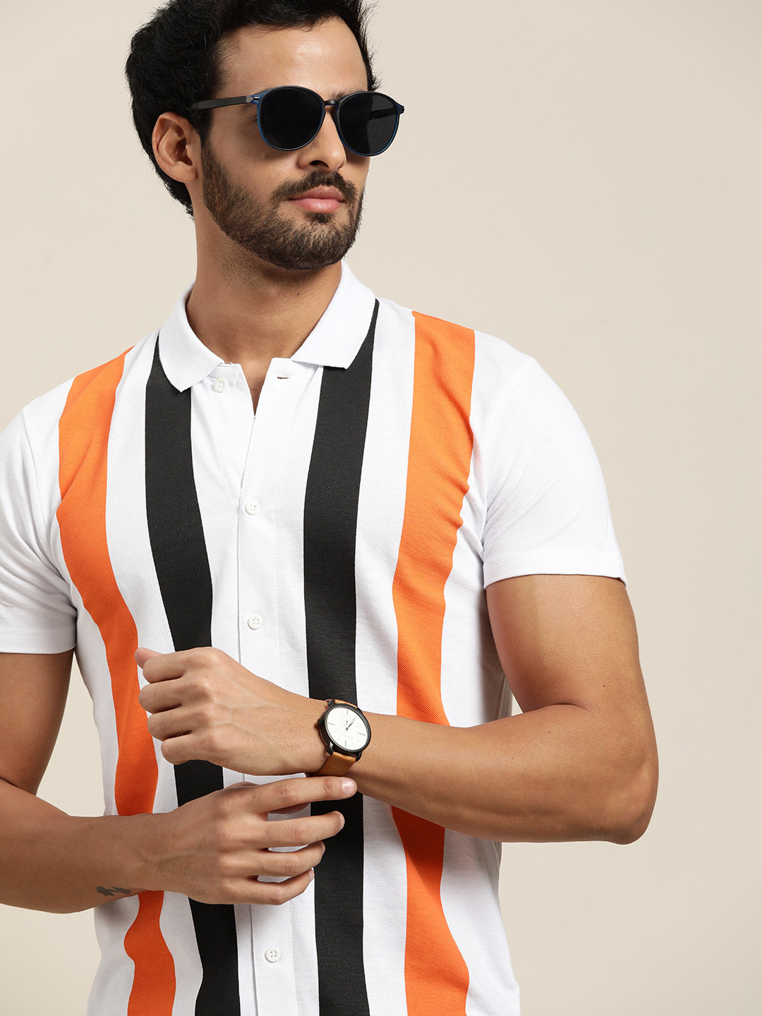 

Moda Rapido Men White & Black Striped Polo Collar Pure Cotton T-shirt