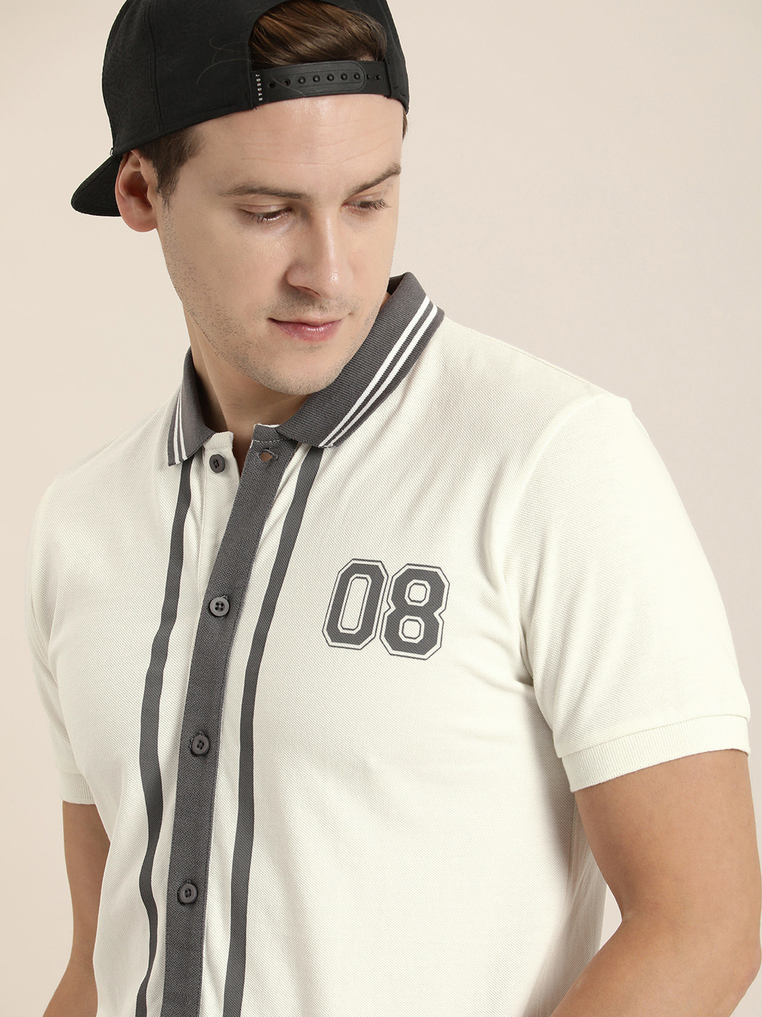 

Moda Rapido Men Striped Polo Collar Pure Cotton T-shirt, Cream