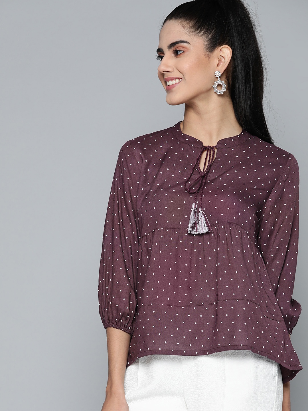 

HERE&NOW Burgundy Print Tie-Up Neck Top