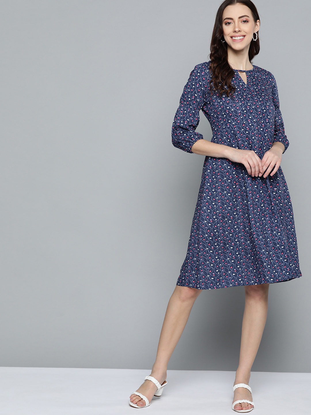 

HERE&NOW Navy Blue & Pink Keyhole Neck A-Line Dress