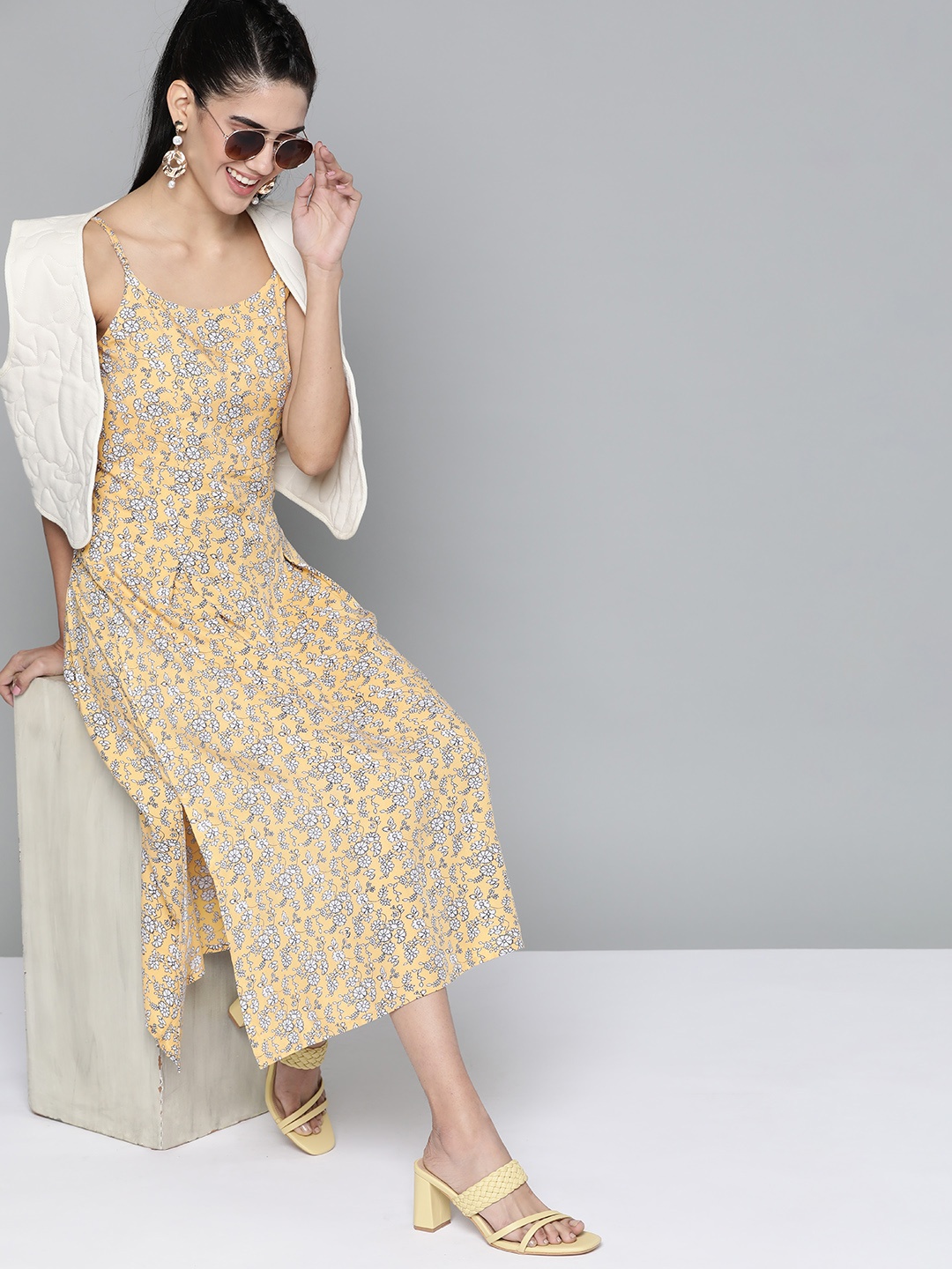 

HERE&NOW Yellow & White Floral Printed A-Line Midi Dress