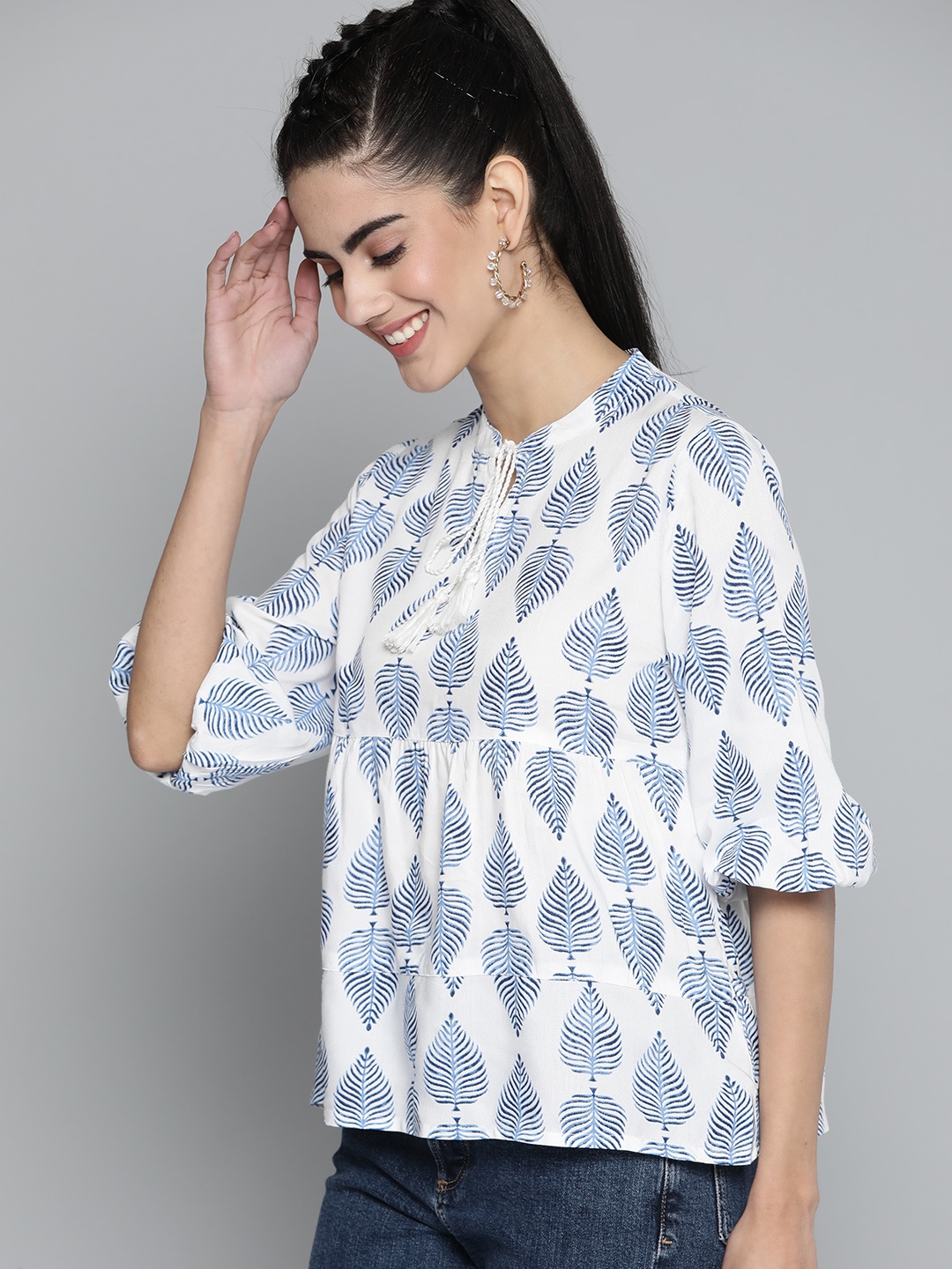 

HERE&NOW White & Blue Printed Tie-Up Neck Tiered Top