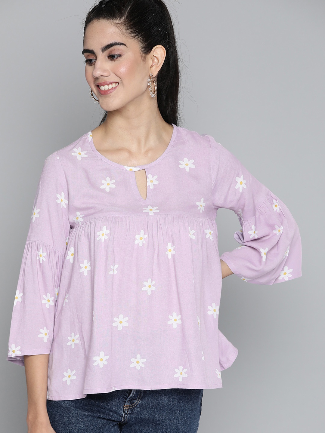 

HERE&NOW Lavender & White Floral Print Keyhole Neck Top
