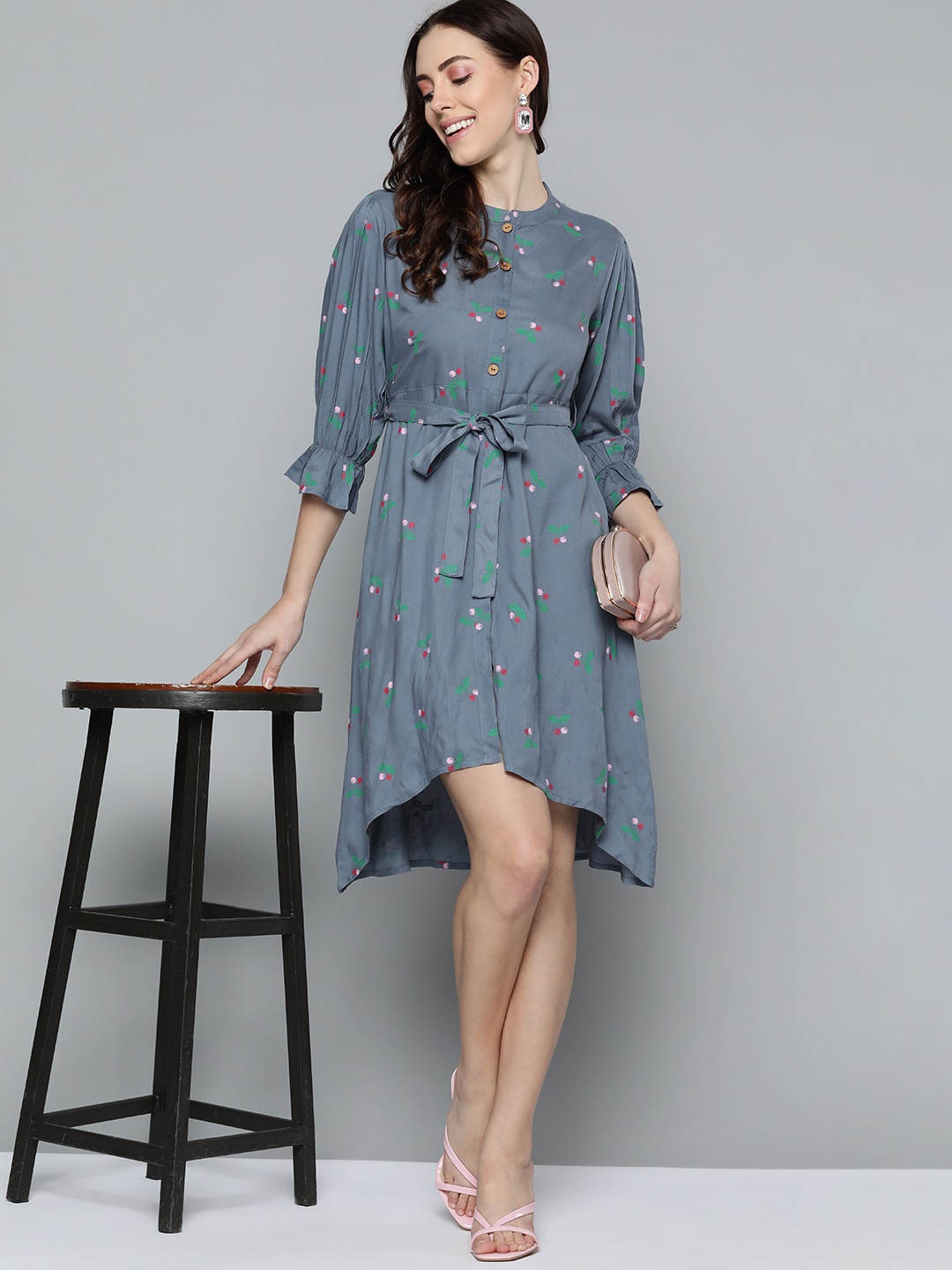 

HERE&NOW Grey & Green A-Line Printed Dress