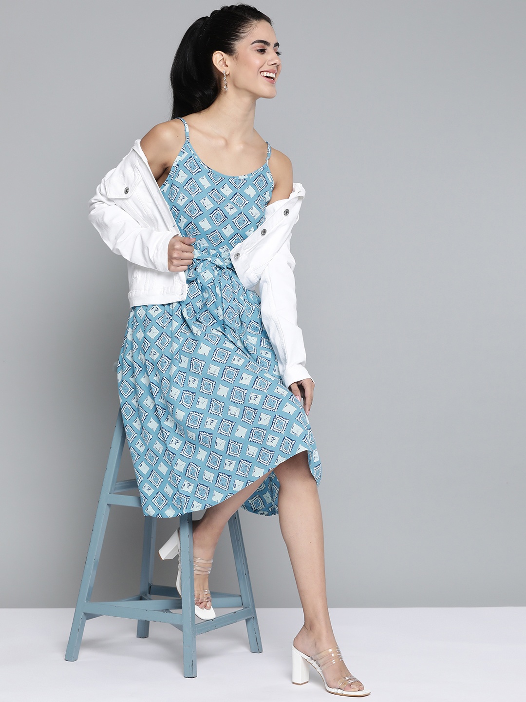 

HERE&NOW Blue & White Geometric Print A-Line Midi Dress