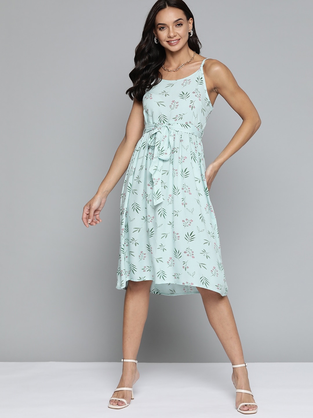 

HERE&NOW Women Green Floral Printed A-Line Midi Dress