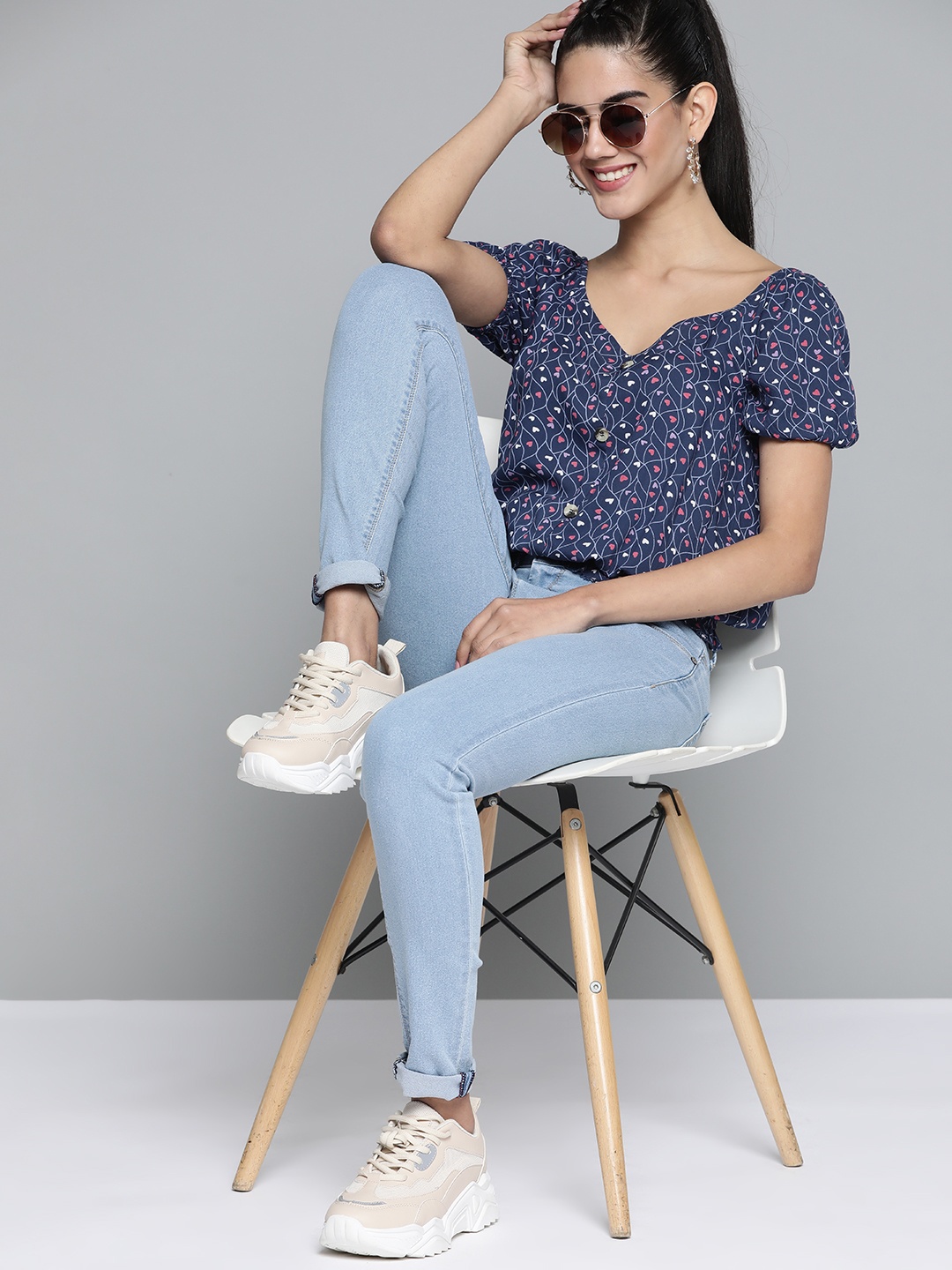 

HERE&NOW Navy Blue & Pink Printed Sweetheart Neck Smocked Blouson Top
