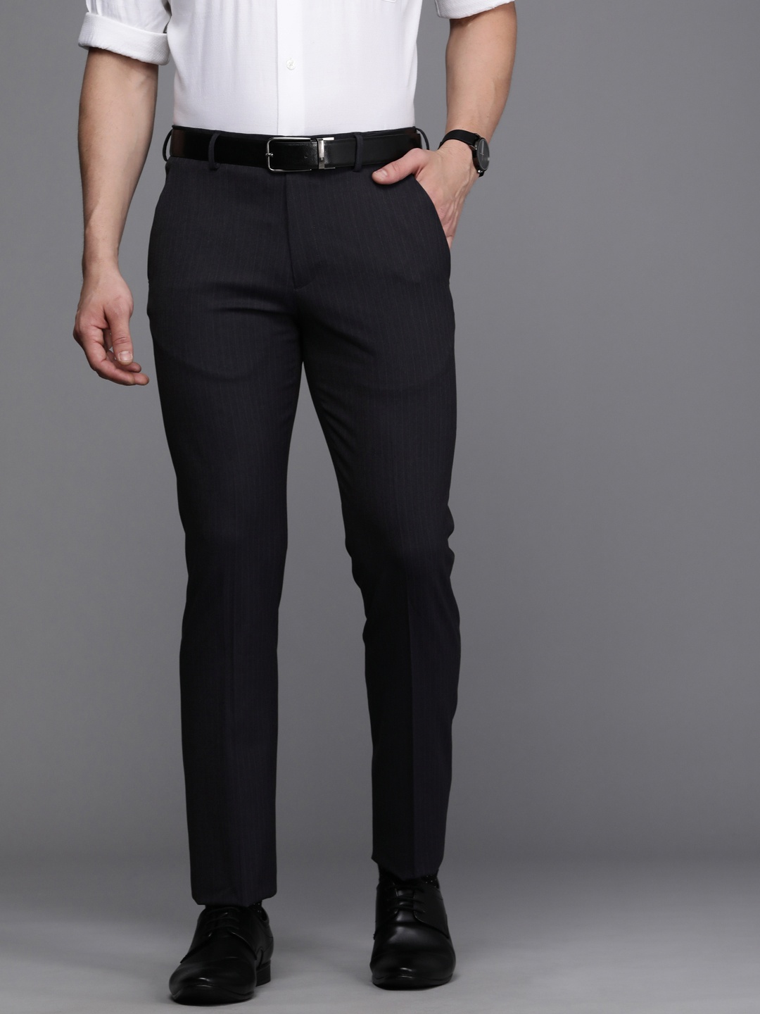 

Louis Philippe Permapress Men Charcoal Striped Slim Fit Formal Trousers