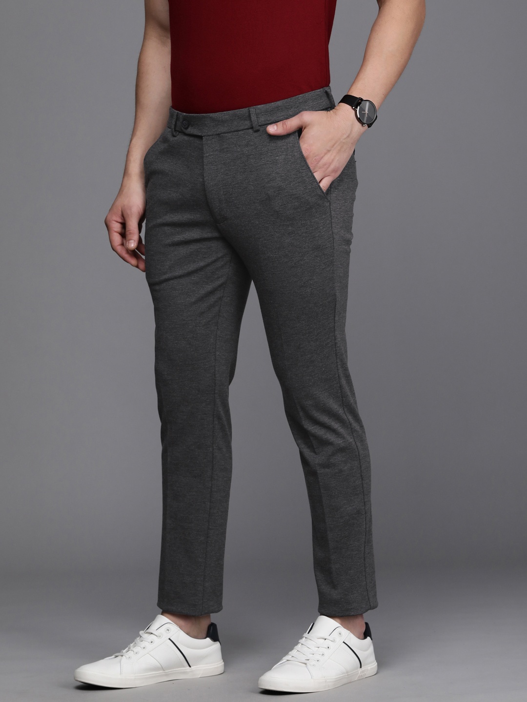 

Louis Philippe Men Grey Solid Slim Fit Regular Trousers