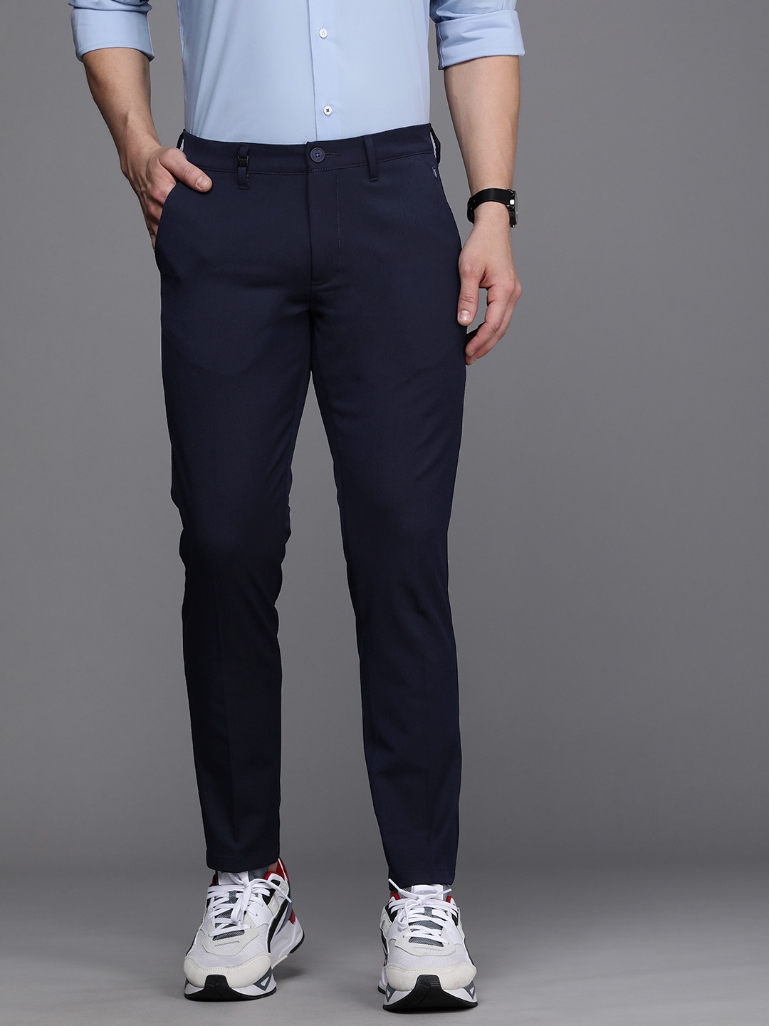 

Louis Philippe Ath Work Men Navy Blue Comfy Tapered Fit Trousers