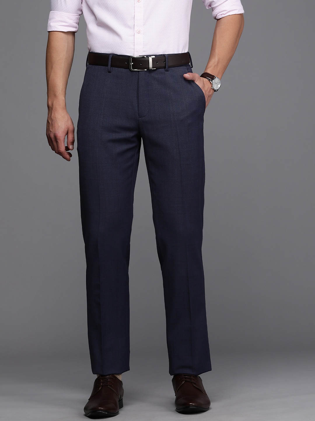 

Louis Philippe Permapress Men Navy Blue Checked Slim Fit Formal Trousers