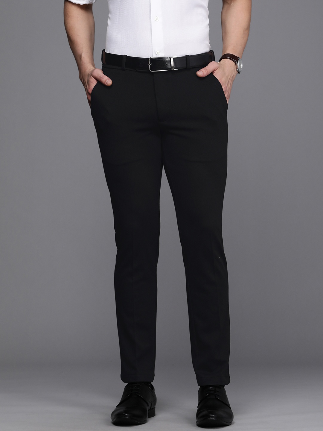

Louis Philippe Permapress Men Black Striped Carrot Fit Formal Trousers
