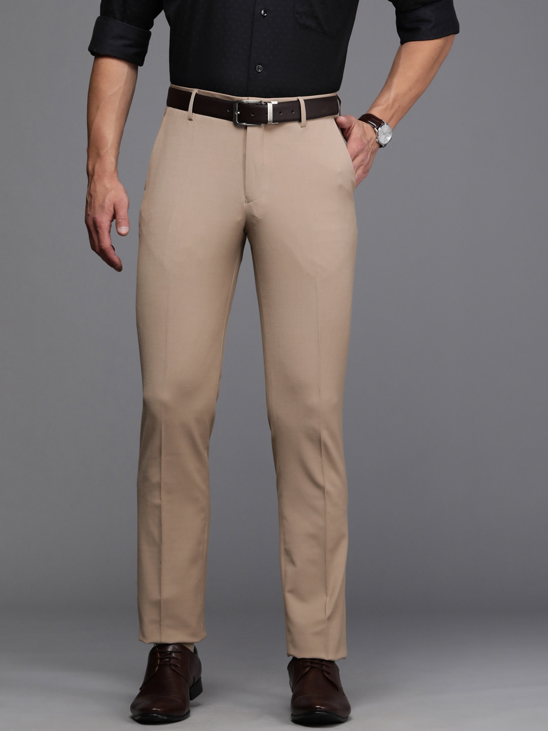 

Louis Philippe Permapress Men Beige Solid Slim Fit Formal Trousers