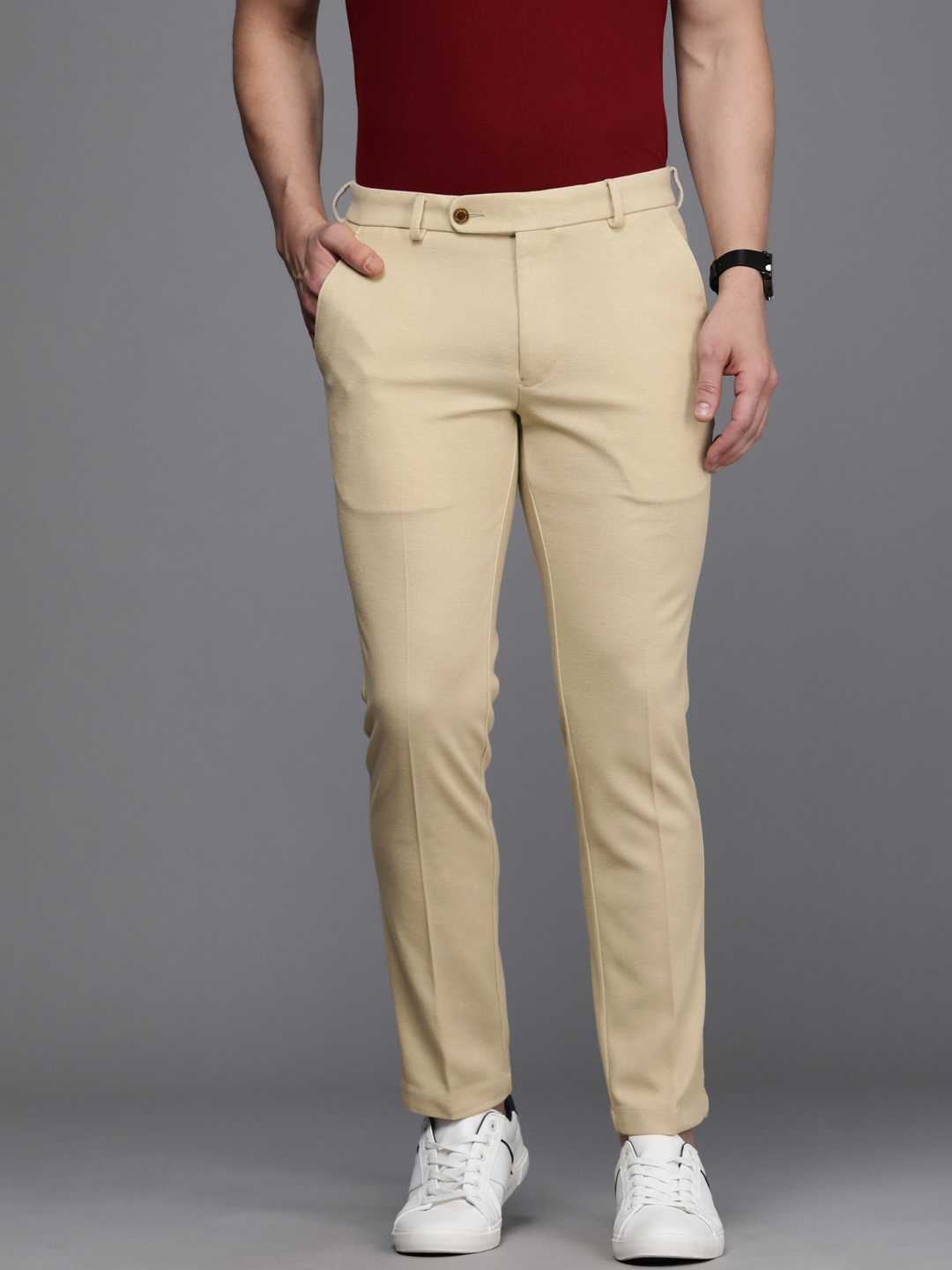 

Louis Philippe Men Off-White Self-Design Slim Fit Regular Trousers