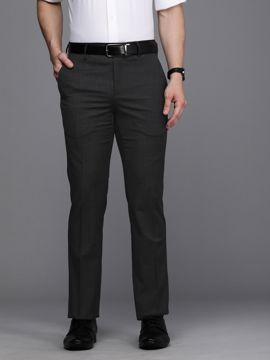 

Louis Philippe Permapress Men Black Self-Design Slim Fit Formal Trousers