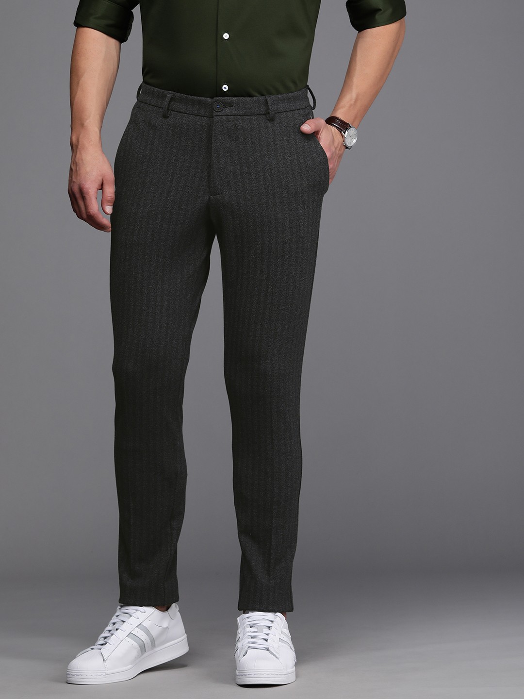 

Louis Philippe Ath Work Men Grey Striped Tapered Fit Trousers