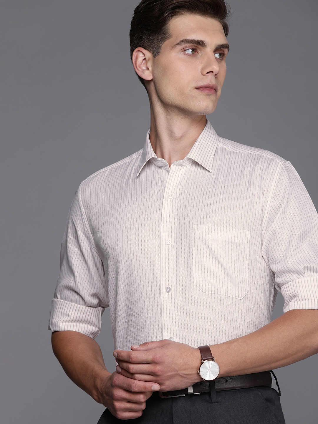 

Louis Philippe Men White & Brown Striped Pure Cotton Slim Fit Formal Shirt