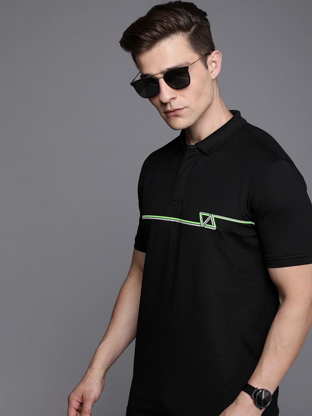 

Louis Philippe Ath Work Men Black & Green Printed Polo Collar T-shirt