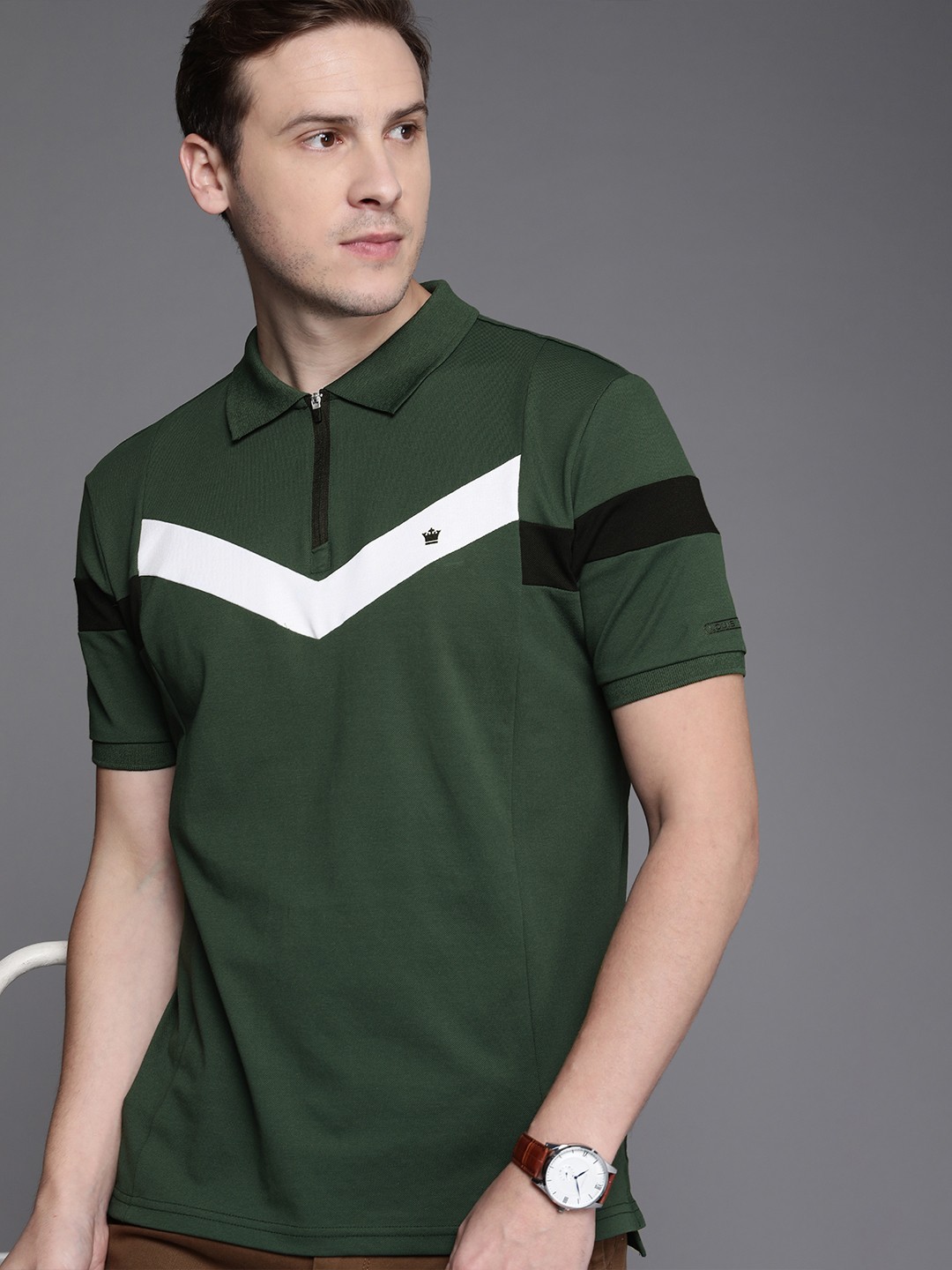 

Louis Philippe Men Olive Green & Black Colourblocked Polo Collar Casual T-shirt