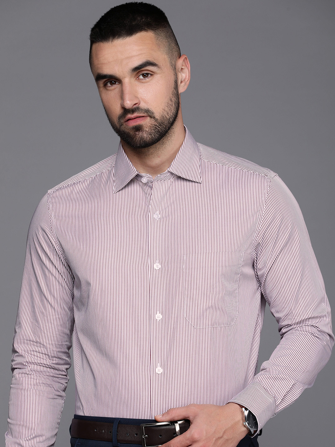 

Louis Philippe Classic Fit Striped Pure Cotton Formal Shirt, Maroon