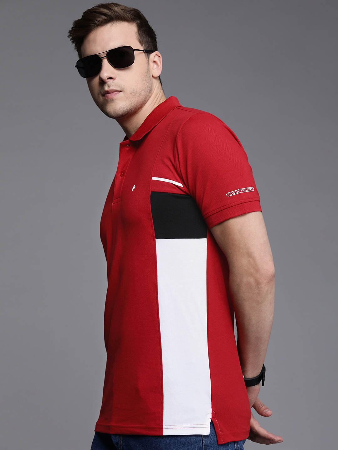 

Louis Philippe Men Red & White Colourblocked Polo Collar T-shirt