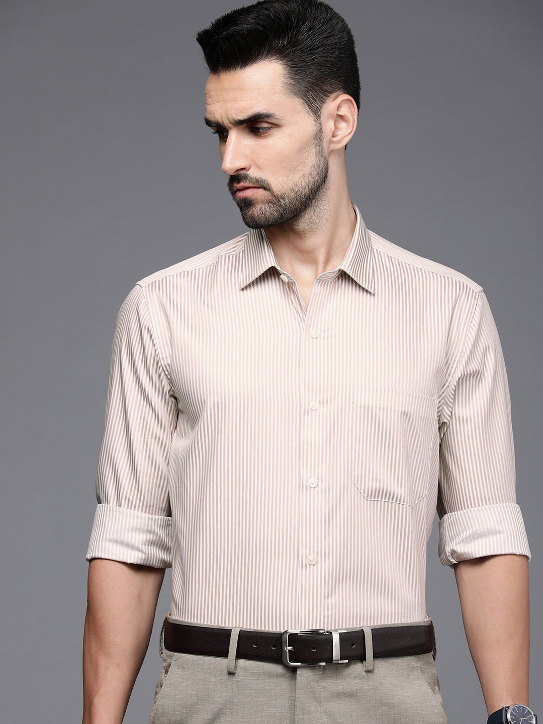 

Louis Philippe Men Beige Striped Slim Fit Pure Cotton Formal Shirt
