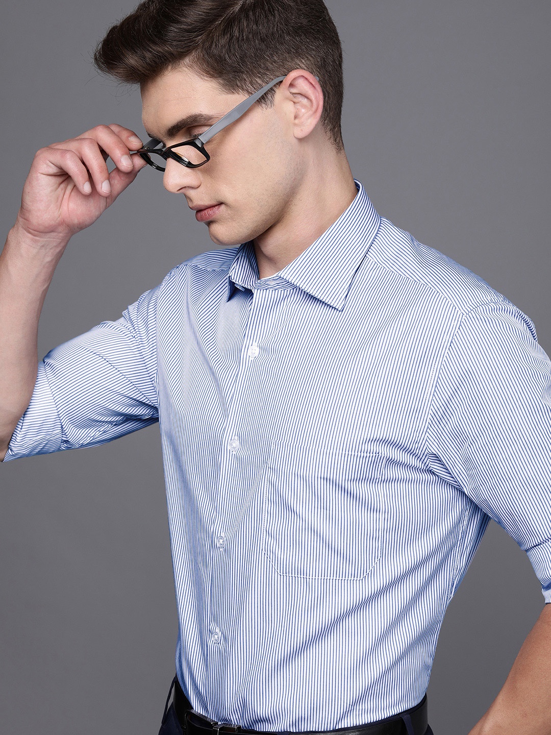 

Louis Philippe Men Blue Vertical Striped Printed Formal Shirt