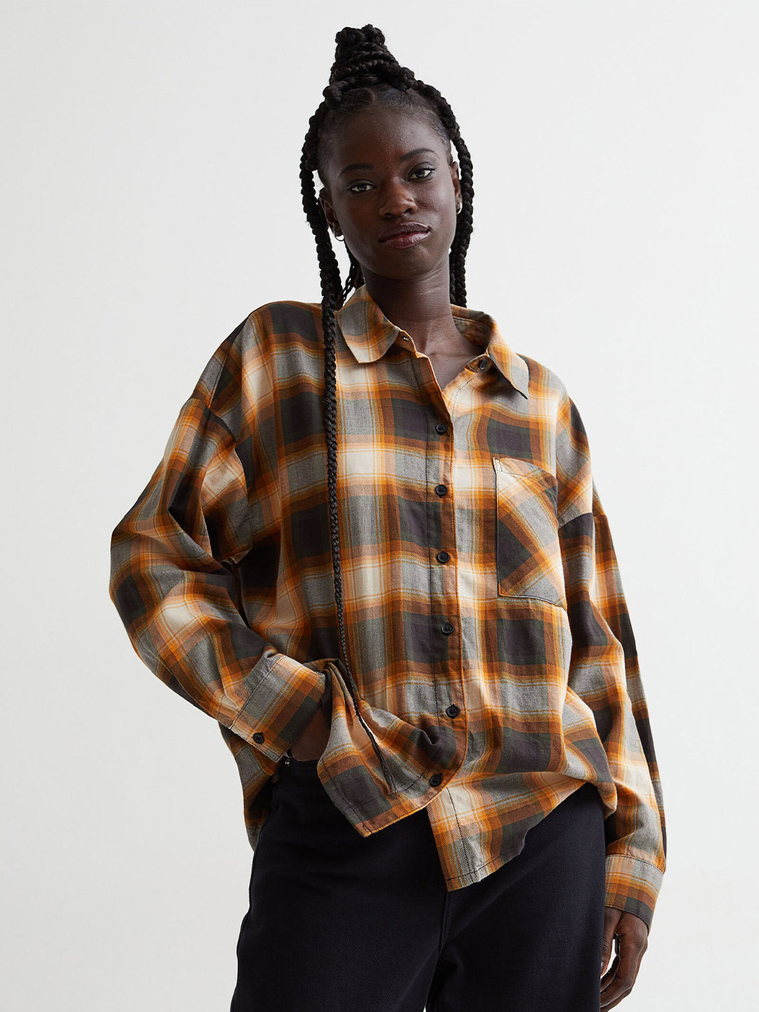 

H&M Women Orange Regular Fit Checked Wide Shirt