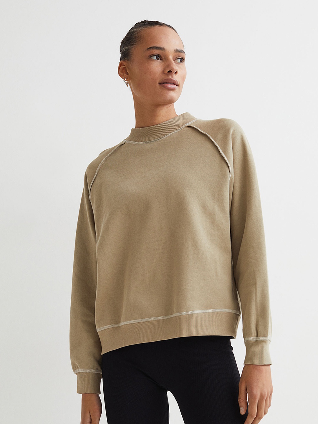 

H&M Women Beige Solid Round Neck Cotton Sports Top