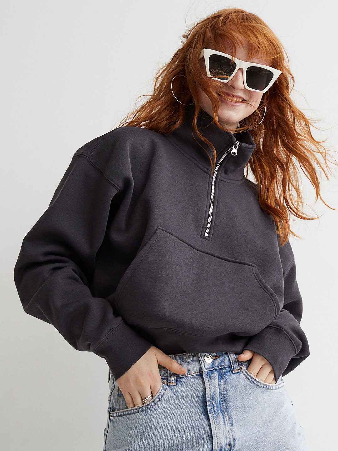 

H&M Women Charcoal Grey Solid Zip-Top Sweatshirt