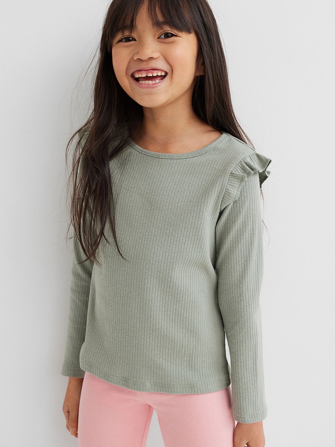 

H&M Girls Green Flounce-trimmed ribbed top