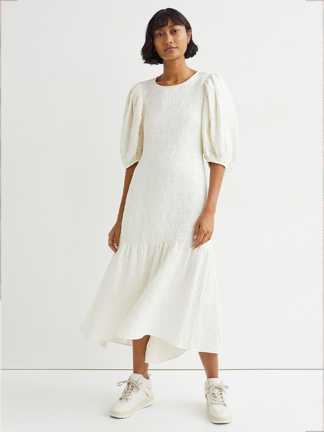 

H&M Women White Solid Long Puff-Sleeved Dress
