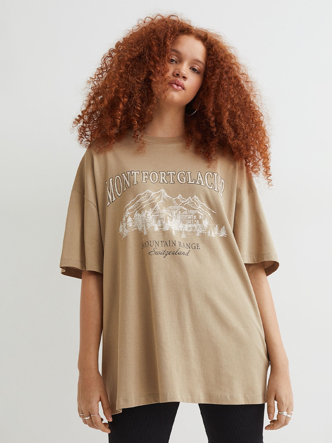 

H&M Women Beige Oversized printed T-shirt