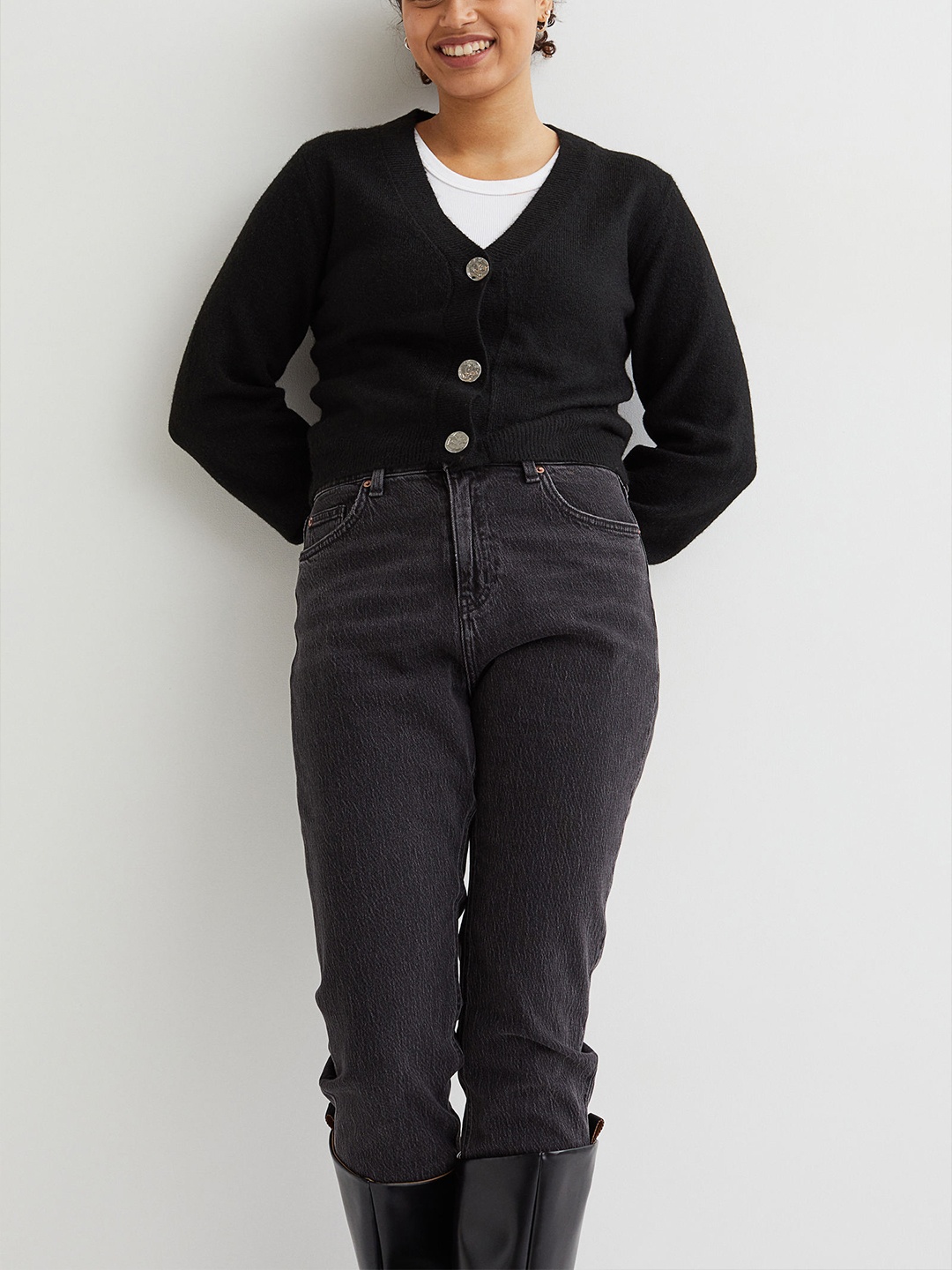 

H&M Women Black Solid Rhinestone-Button Knitted Cardigan