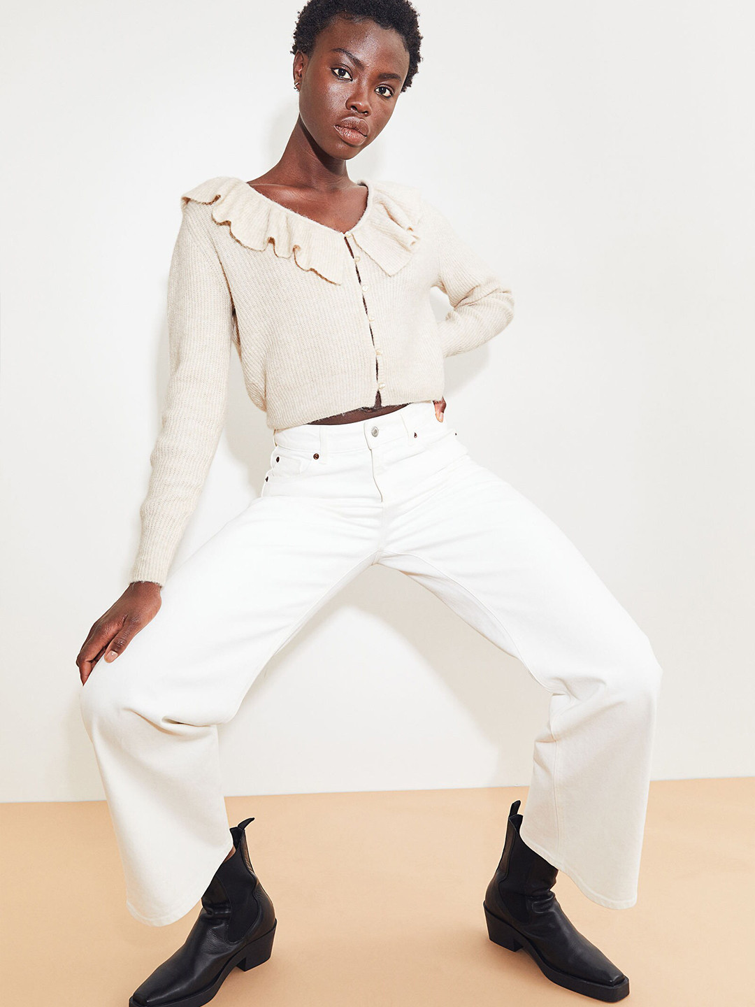 

H&M Women Beige Ribbed Flounce-Collared Cardigan