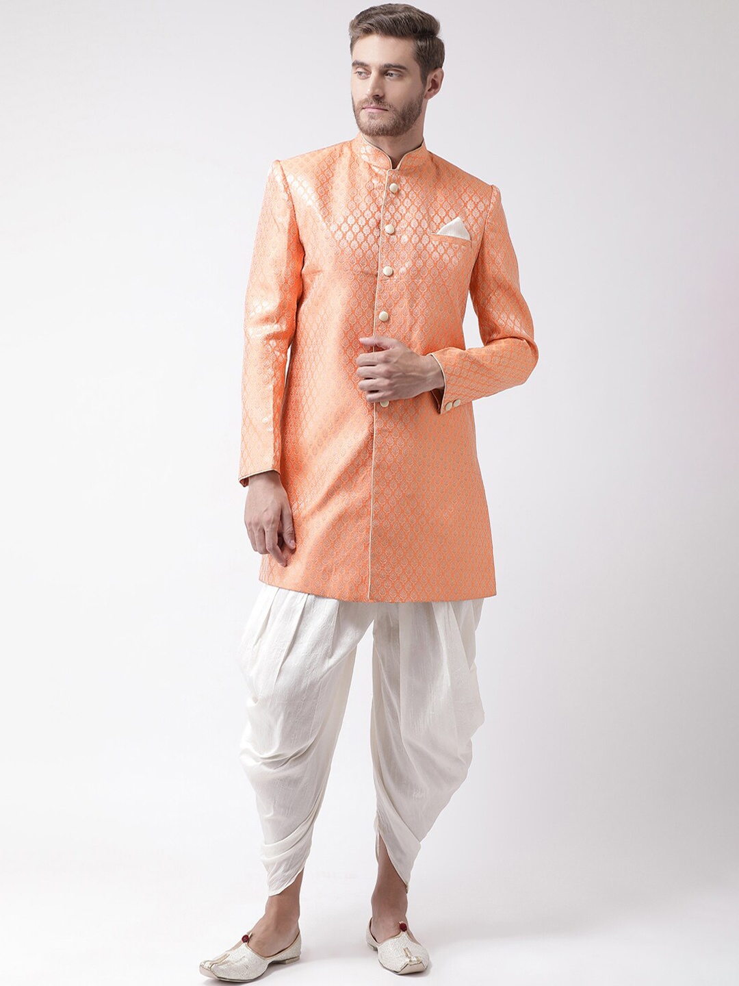 

DEYANN PLUS Men Orange & White Woven-Design Sherwani Set