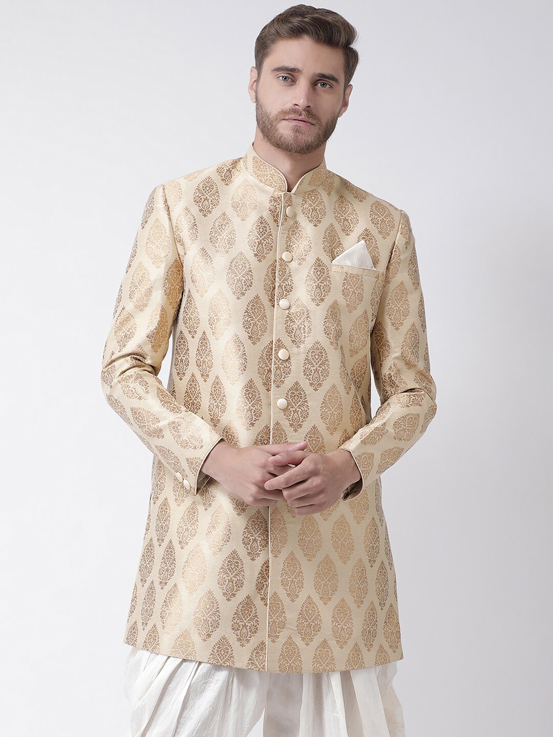 

DEYANN Men Cream-Coloured & Gold-Toned Woven-Design Sherwani Set