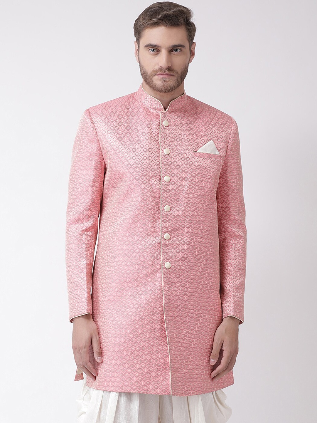 

DEYANN Men Pink & White Woven Design Sherwani Set