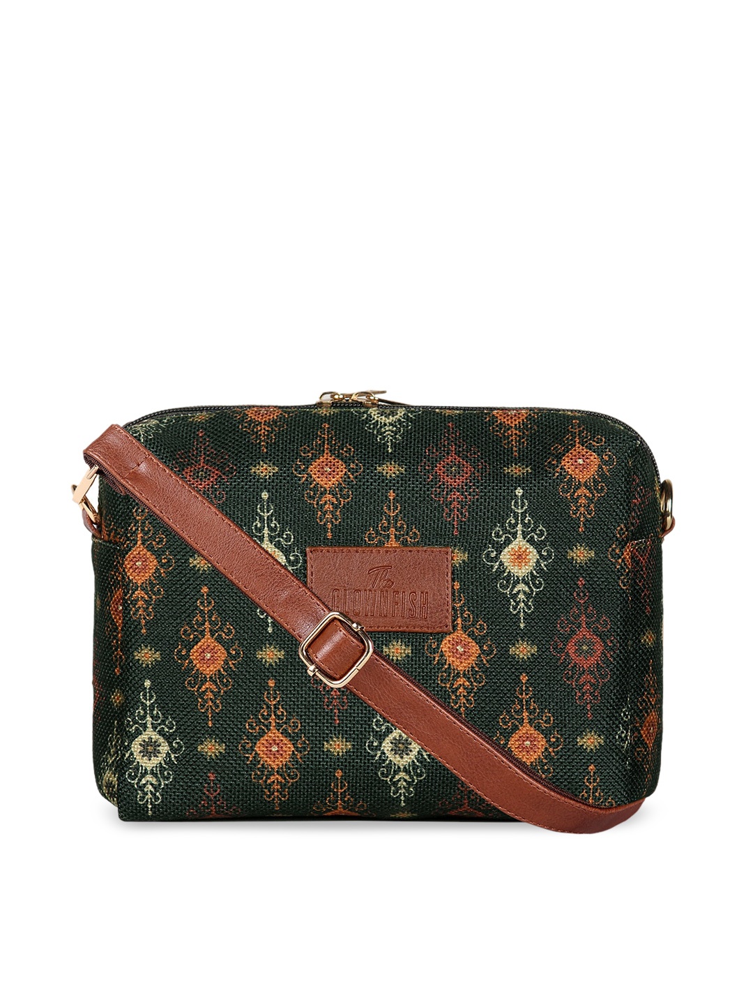 

THE CLOWNFISH Isla Green Ethnic Motifs Printed Structured Sling Bag