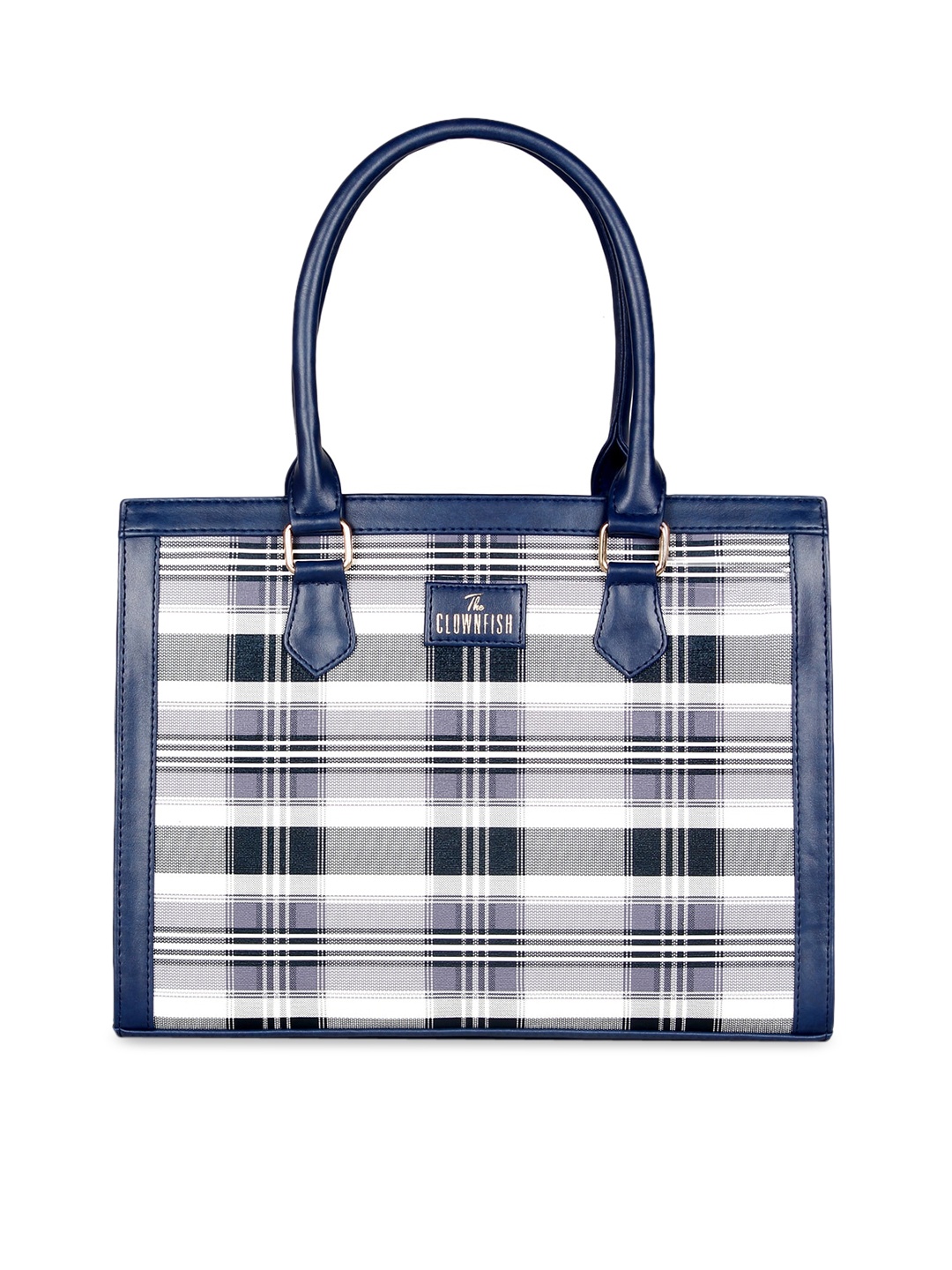 

THE CLOWNFISH Alvis Checked Leather Structured Handheld Bag, Navy blue