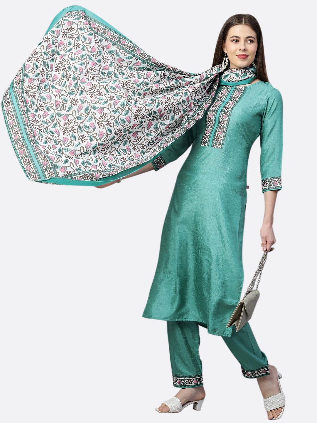 

KALINI Women Sea Green Floral Kurta with Trousers & With Dupatta