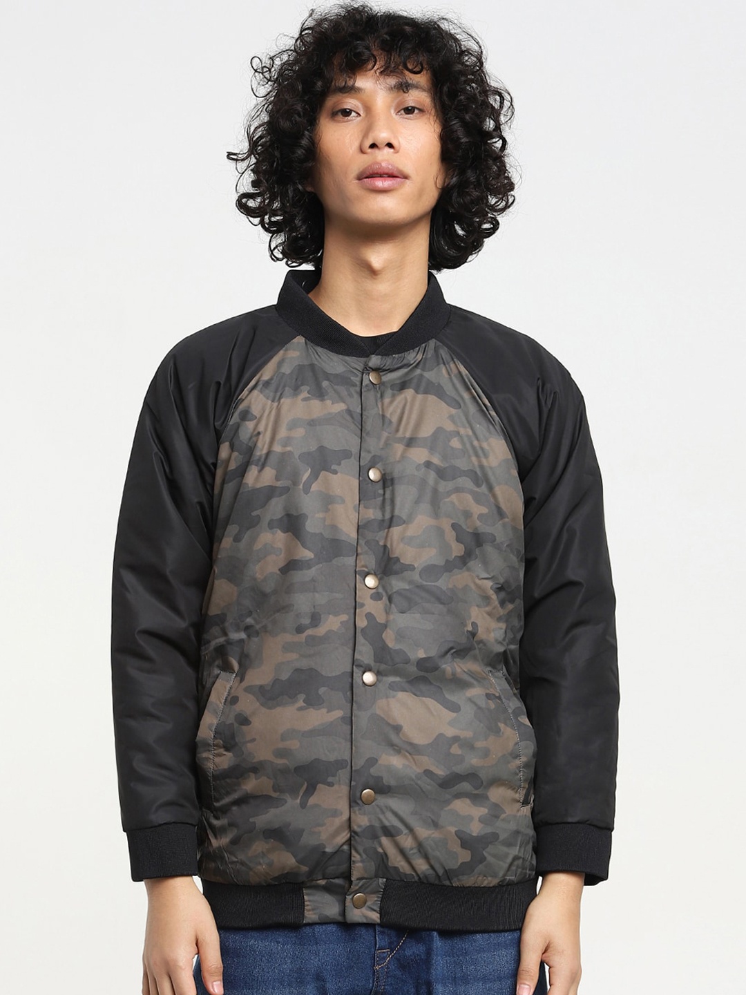 

Bewakoof Men Green Camouflage Bomber Jacket