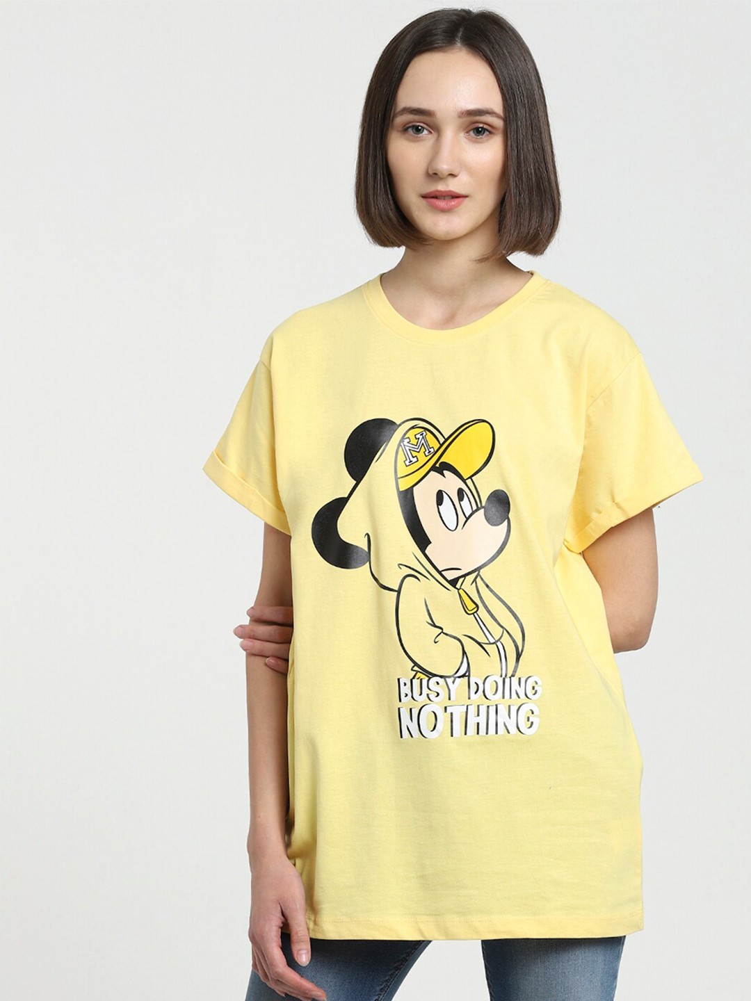 

Bewakoof Women Yellow Printed Relaxed Fit T-shirt